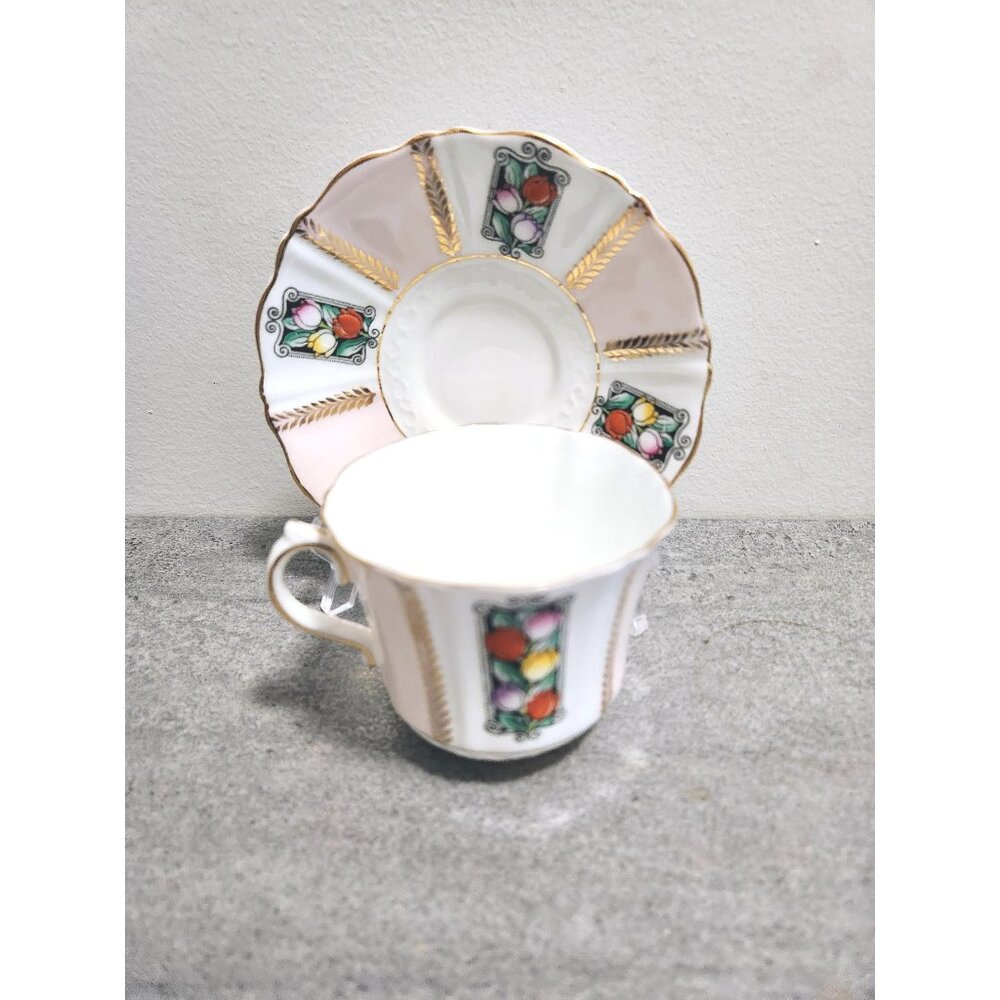 Old Royal Tea Cup & Saucer Tulip Art Deco Vertical Colourful Panels